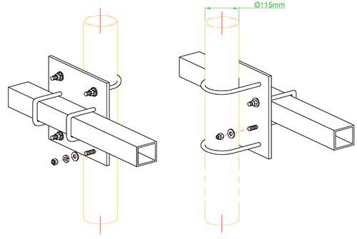 Right-angle extra large Yagi clamp, 304 stainless steel – boom 25mm square, mast 100-120mm dia.